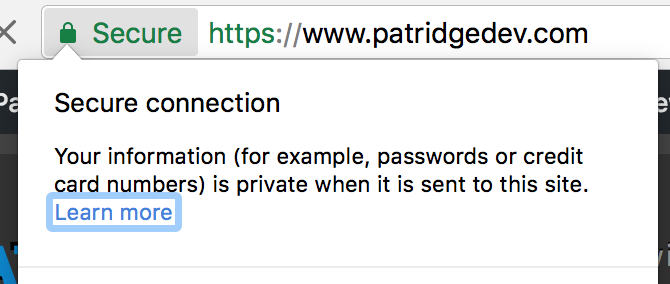 patridgedev.com with a fancy green "Secure" padlock