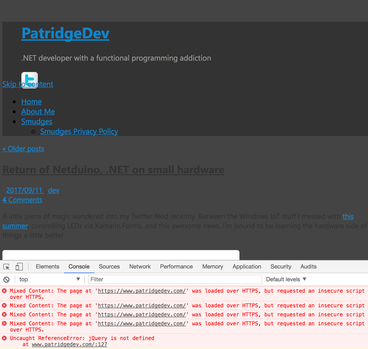 patridgedev.com with several mixed-security broken things making it render horribly in most browsers