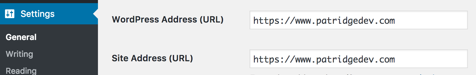 Setting the WordPress and Site Address fields to HTTPS