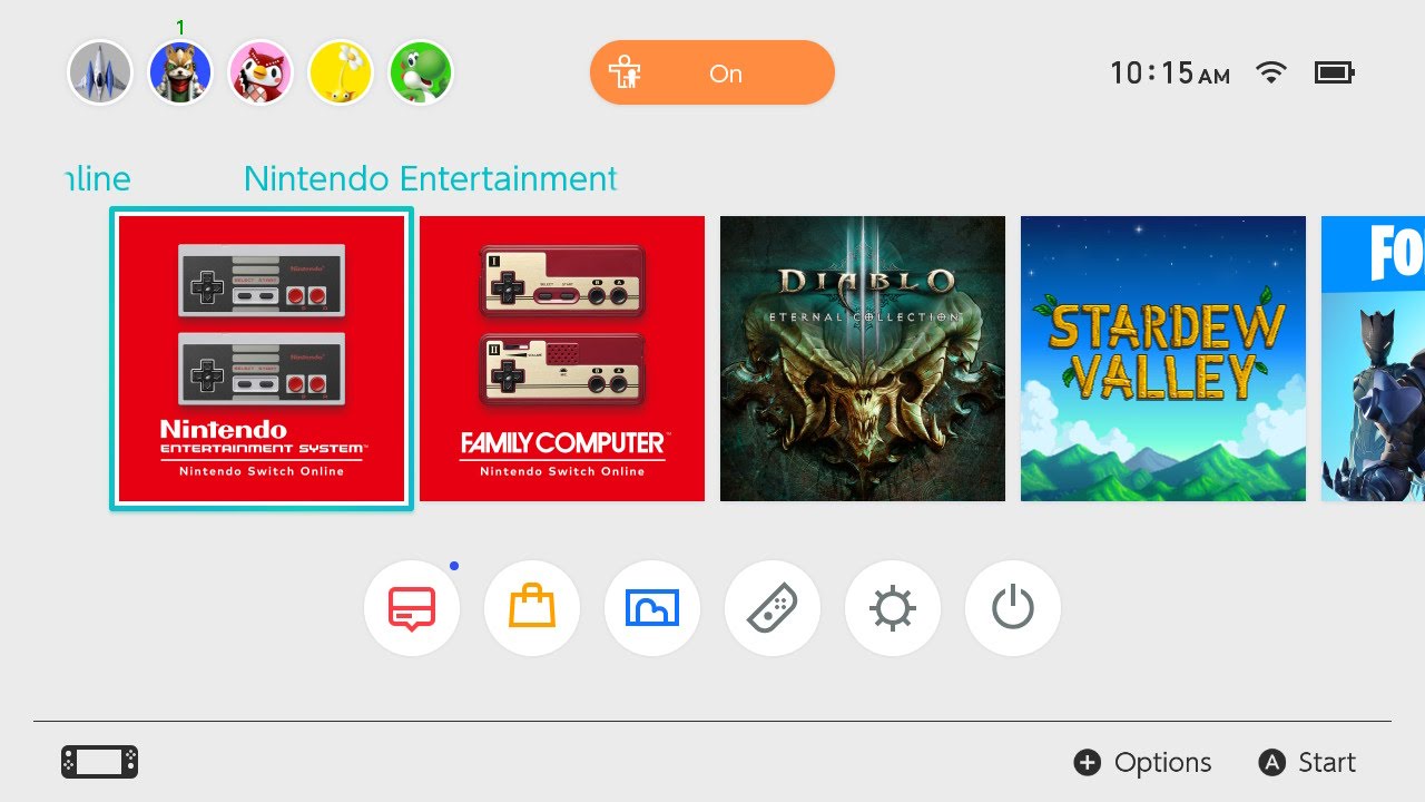Screenshot of the Switch home screen showing the Famicom app next to the NES app