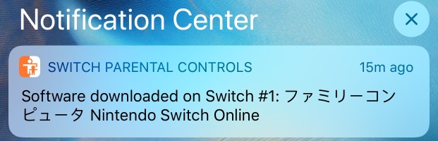 Screenshot of an iOS notification from the Nintendo Switch parental controls app saying that the Famicom app has been installed